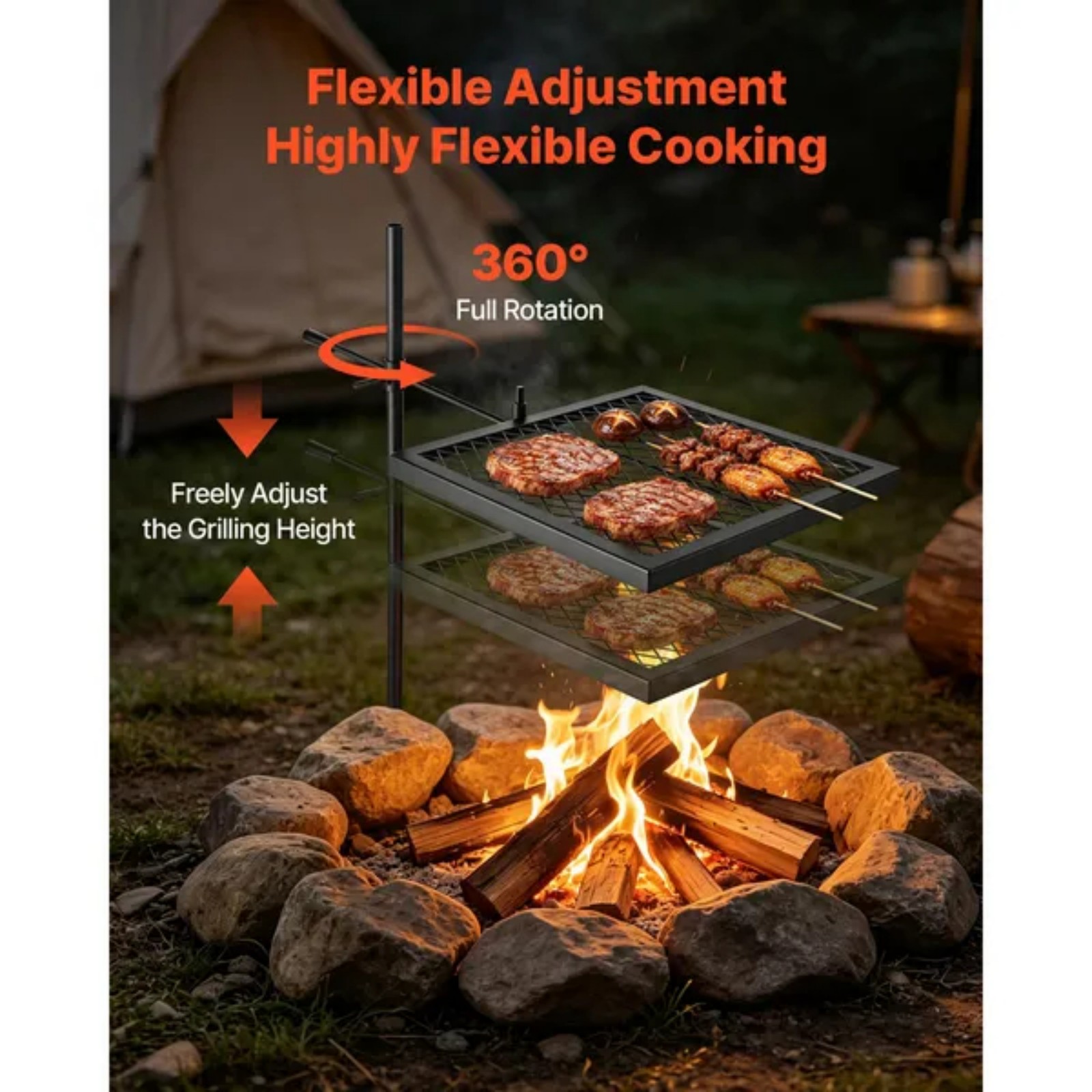 Camping Cooking Over Fire - Grille de camping pivotante robuste, grille